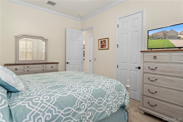 bedroom featuring light colored carpet, ornamental molding, and multiple windows