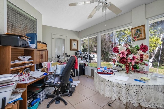 tiled office with ceiling fan