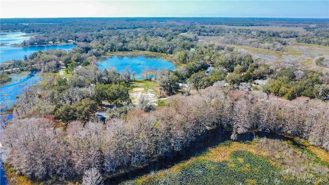 birds eye view of property featuring a water view and a wooded view