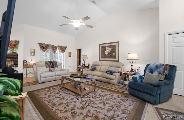 living area featuring visible vents, a ceiling fan, and high vaulted ceiling