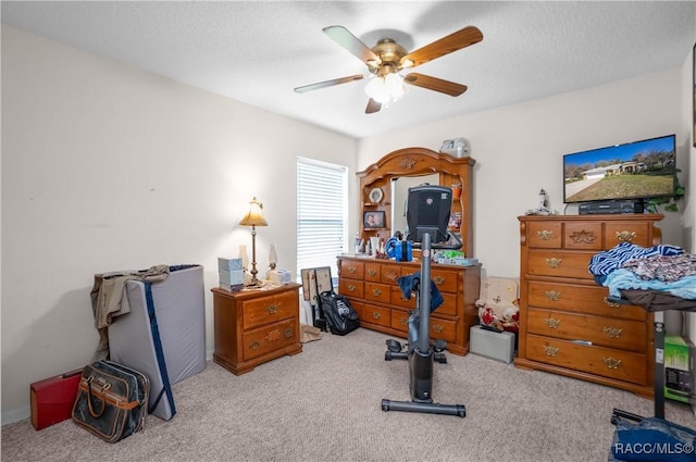 workout room featuring carpet and ceiling fan