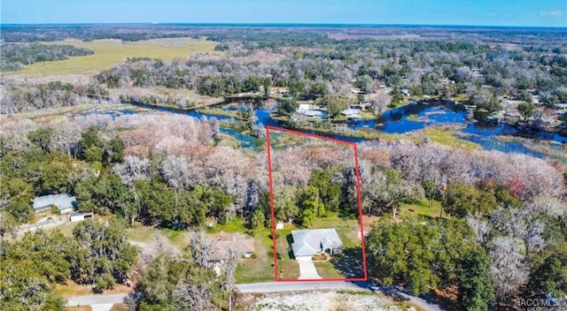 drone / aerial view featuring a wooded view