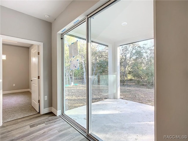 doorway to outside with light hardwood / wood-style flooring and a healthy amount of sunlight