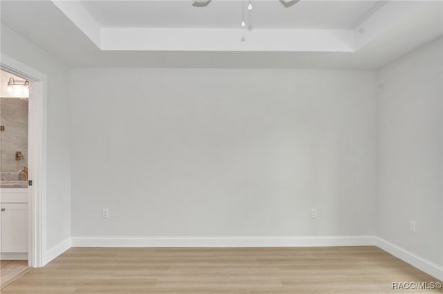 empty room featuring a tray ceiling, light hardwood / wood-style flooring, and sink