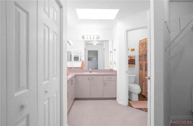 bathroom with toilet, vanity, and a skylight