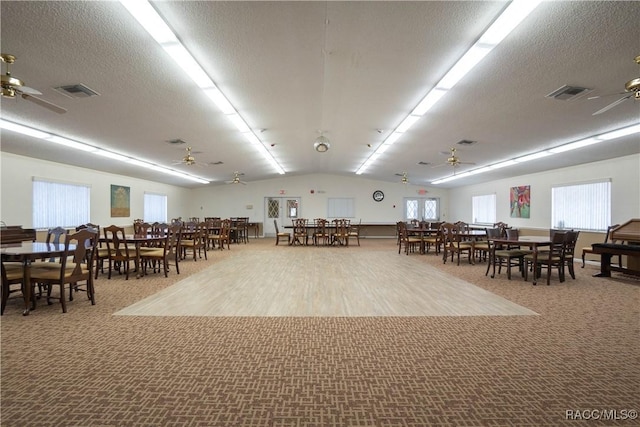 miscellaneous room with ceiling fan, lofted ceiling, and carpet