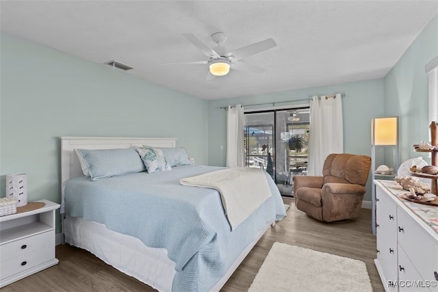 3945 N Timucua Pt, Crystal River, FL 34428 - bedroom featuring ceiling fan, access to outside, visible vents, and wood finished floors