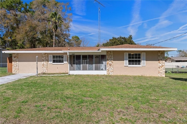 single story home featuring fence, a front lawn, and stucco siding