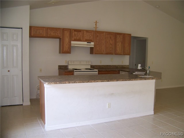 kitchen featuring kitchen peninsula, sink, electric range, high vaulted ceiling, and light tile patterned flooring