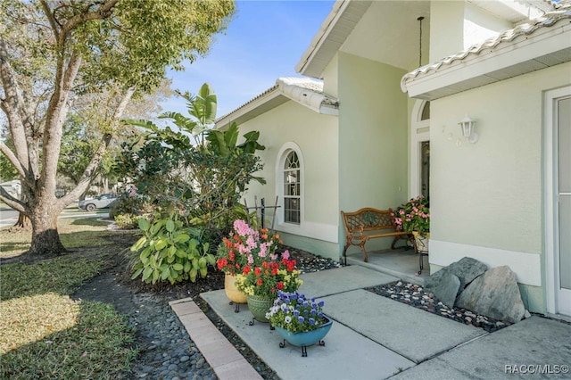 view of exterior entry featuring a tiled roof and stucco siding