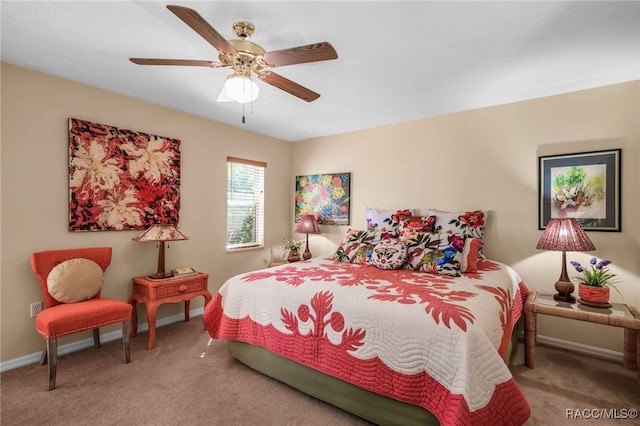 bedroom featuring carpet flooring, baseboards, and ceiling fan