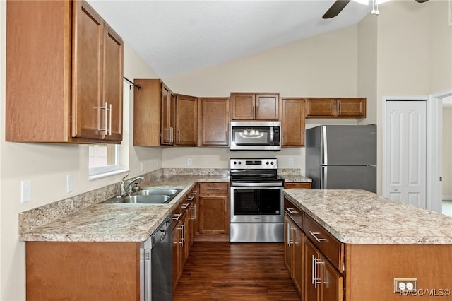 kitchen featuring appliances with stainless steel finishes, dark hardwood / wood-style flooring, vaulted ceiling, sink, and a kitchen island