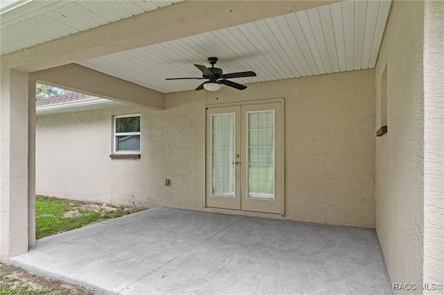 view of patio with ceiling fan and french doors