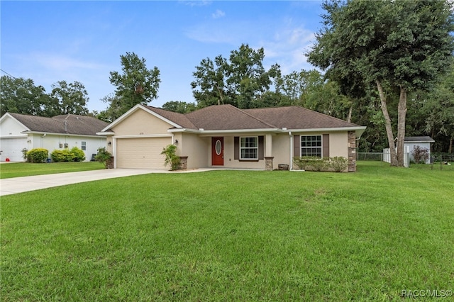 single story home with a front yard and a garage