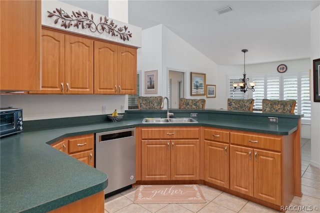 kitchen with dishwasher, sink, an inviting chandelier, lofted ceiling, and light tile patterned floors