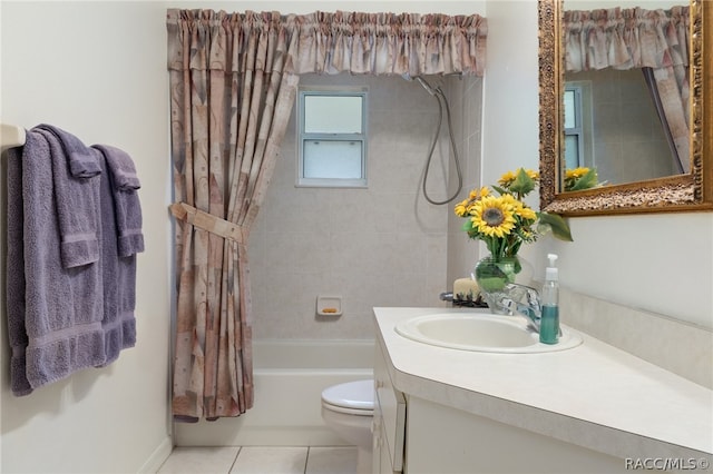 full bathroom with tile patterned floors, vanity, shower / bathtub combination with curtain, and toilet