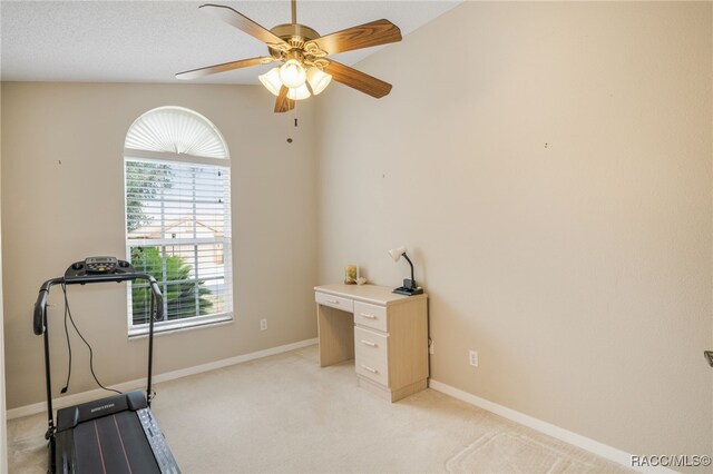 5694 W Hunters Ridge Cir, Lecanto, FL 34461 - exercise area featuring plenty of natural light, a ceiling fan, light colored carpet, and baseboards