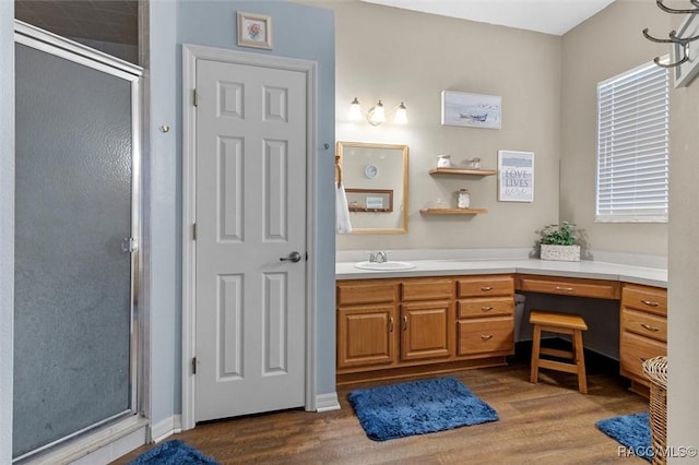 bathroom featuring a stall shower, wood finished floors, and vanity