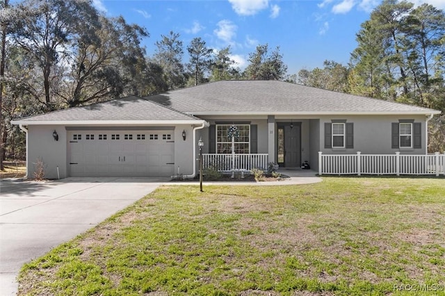 single story home featuring an attached garage, covered porch, a front yard, and stucco siding