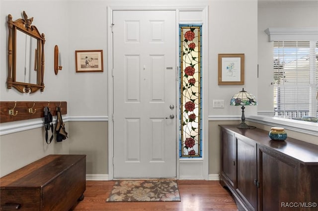 foyer featuring a healthy amount of sunlight, baseboards, and wood finished floors