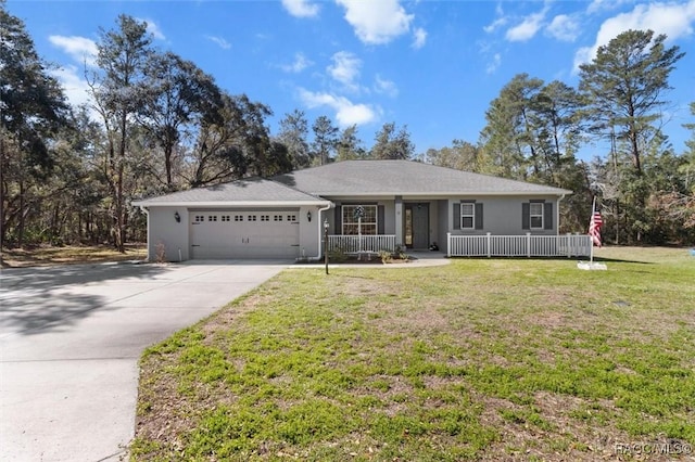 ranch-style house featuring a garage, concrete driveway, covered porch, a front lawn, and stucco siding