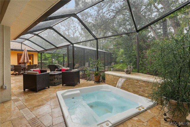 view of pool with a patio area, an outdoor living space, and an outdoor hot tub