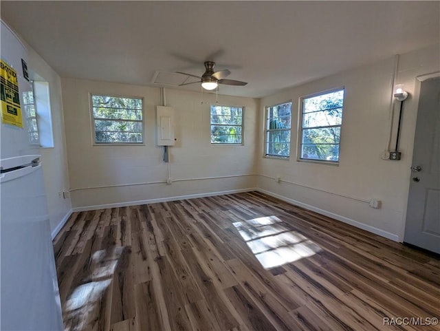 unfurnished room with ceiling fan, dark hardwood / wood-style flooring, and electric panel