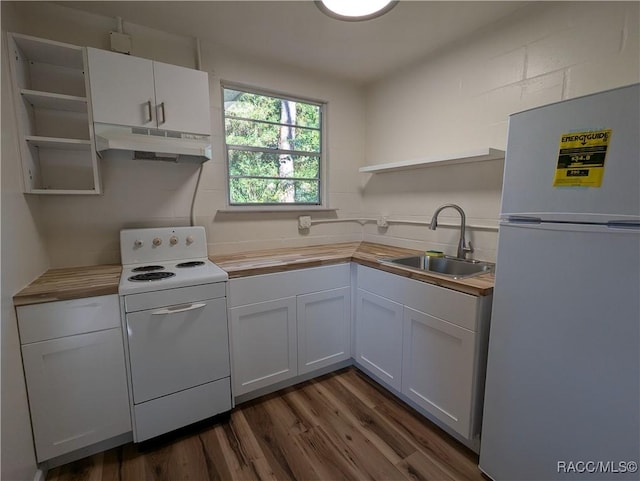kitchen with white cabinets, wood counters, white fridge, and electric range oven