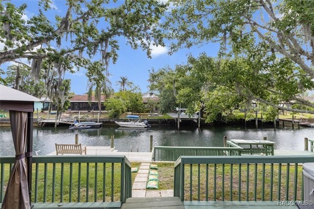 view of dock featuring a lawn and a water view