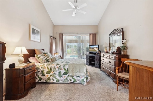 bedroom featuring ceiling fan, light carpet, access to outside, and high vaulted ceiling