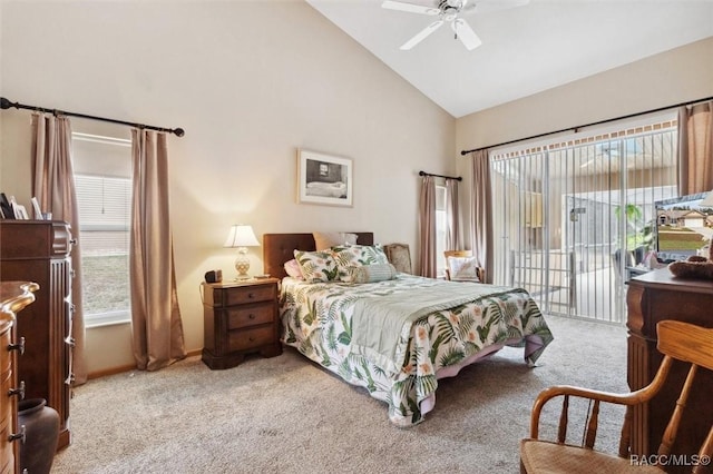 carpeted bedroom featuring access to exterior, high vaulted ceiling, and ceiling fan