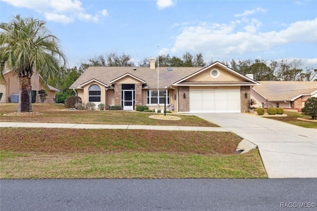 ranch-style house featuring a garage and a front lawn