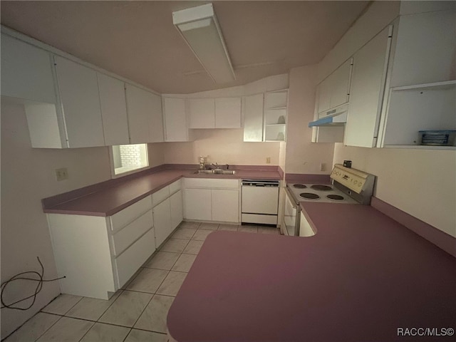 120 NW Magnolia Cir, Crystal River, FL 34428 - kitchen with white appliances, under cabinet range hood, open shelves, light tile patterned flooring, and white cabinetry