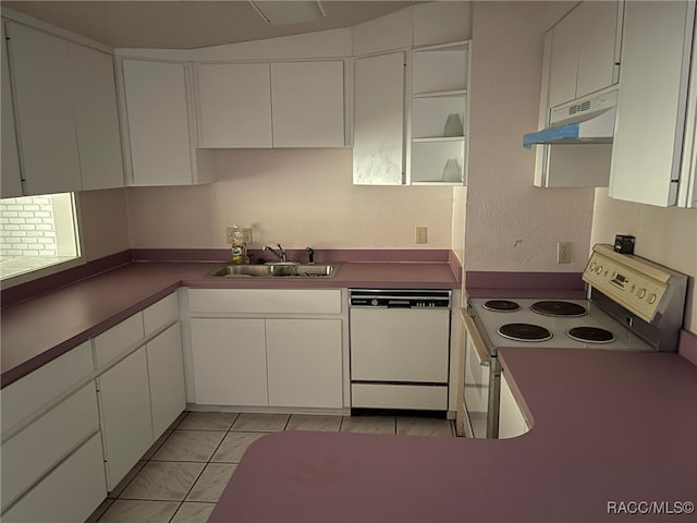 120 NW Magnolia Cir, Crystal River, FL 34428 - kitchen featuring white appliances, under cabinet range hood, white cabinetry, light marble finish flooring, and dark countertops