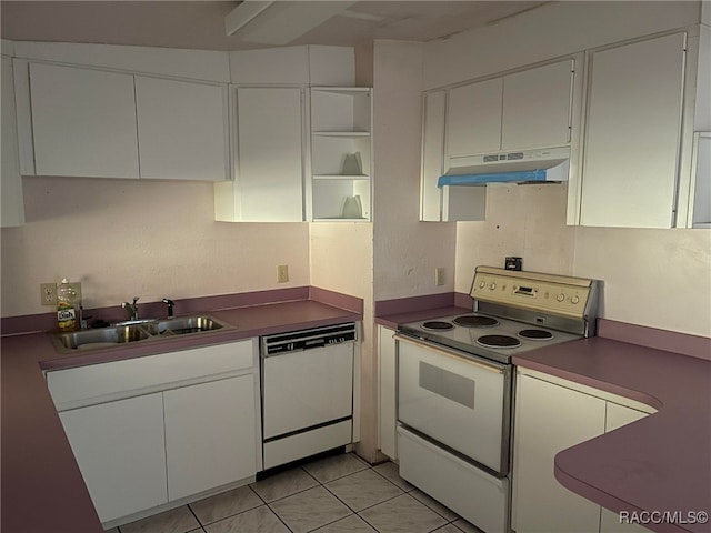 120 NW Magnolia Cir, Crystal River, FL 34428 - kitchen featuring white appliances, under cabinet range hood, dark countertops, open shelves, and white cabinets