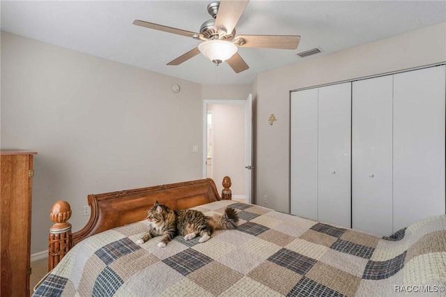 bedroom featuring ceiling fan and a closet