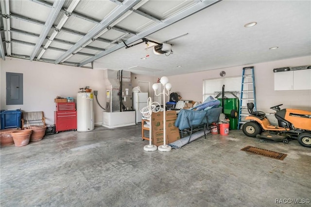 garage featuring a garage door opener, heating unit, white refrigerator, electric panel, and water heater