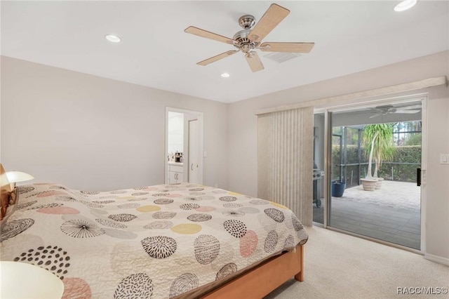 carpeted bedroom featuring access to outside and ceiling fan