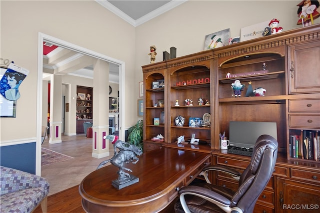 office featuring tile patterned floors, built in shelves, and ornamental molding