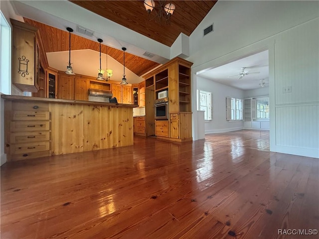 5217 Riverside Dr, Yankeetown, FL 34498 - unfurnished living room featuring dark wood-style floors, ceiling fan, wood ceiling, and high vaulted ceiling