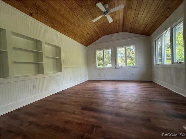5217 Riverside Dr, Yankeetown, FL 34498 - unfurnished room with built in features, lofted ceiling, wood ceiling, ceiling fan, and healthy amount of natural light