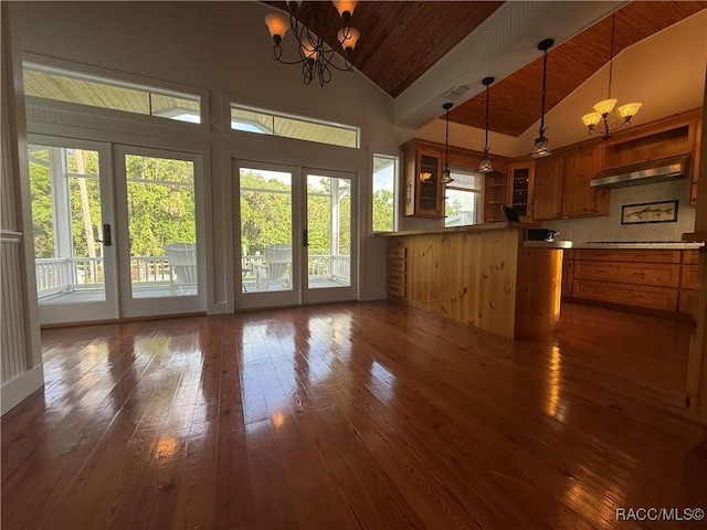 5217 Riverside Dr, Yankeetown, FL 34498 - kitchen featuring a chandelier, under cabinet range hood, wooden ceiling, glass insert cabinets, and high vaulted ceiling