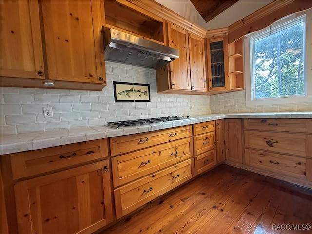 5217 Riverside Dr, Yankeetown, FL 34498 - kitchen featuring under cabinet range hood, hardwood / wood-style flooring, backsplash, lofted ceiling, and stainless steel gas cooktop