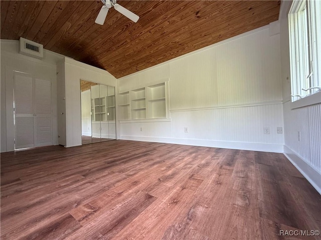 5217 Riverside Dr, Yankeetown, FL 34498 - empty room featuring wooden ceiling, ceiling fan, wood finished floors, and vaulted ceiling