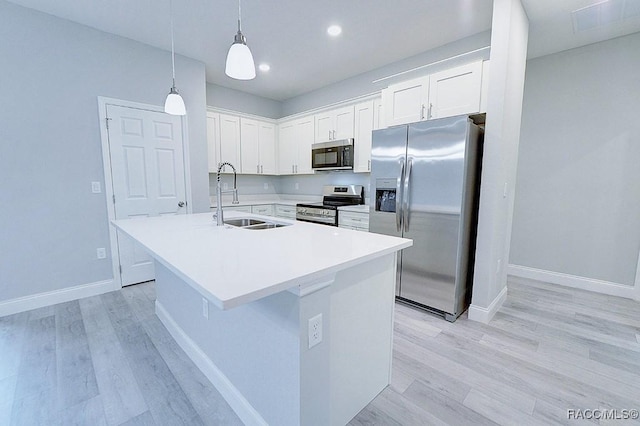 kitchen featuring white cabinetry, sink, stainless steel appliances, and light wood-type flooring