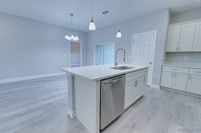 kitchen with dishwasher, light hardwood / wood-style floors, white cabinetry, and sink