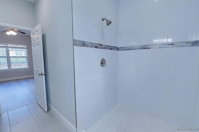 bathroom featuring tile patterned floors, ceiling fan, and tiled shower