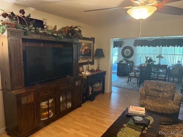 living area featuring a ceiling fan, light wood-style flooring, and a wealth of natural light