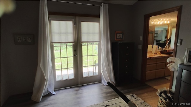 doorway to outside featuring french doors and light wood-type flooring