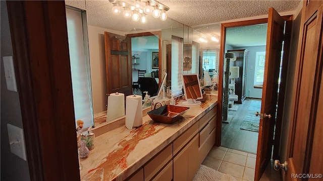 bathroom featuring vanity, wood-type flooring, and a textured ceiling